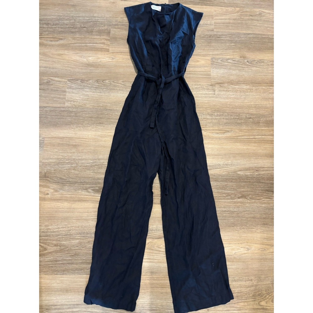 Haris Cotton sleeveless Jumper Jumpsuit 100% linen resort Small Navy Blue Tie - Picture 1 of 9